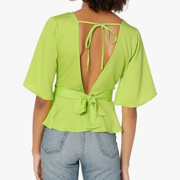 J.O.A. Tops - J.O.A. Open Back Top Peplum Tie Front Flared Sleeves Women Medium Bright Green.